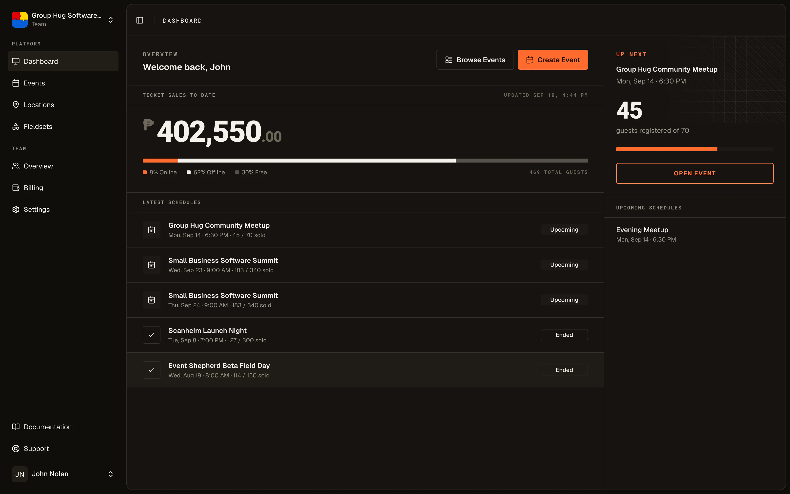 The Event Shepherd dashboard with live ticket sales, upcoming schedules, and door activity