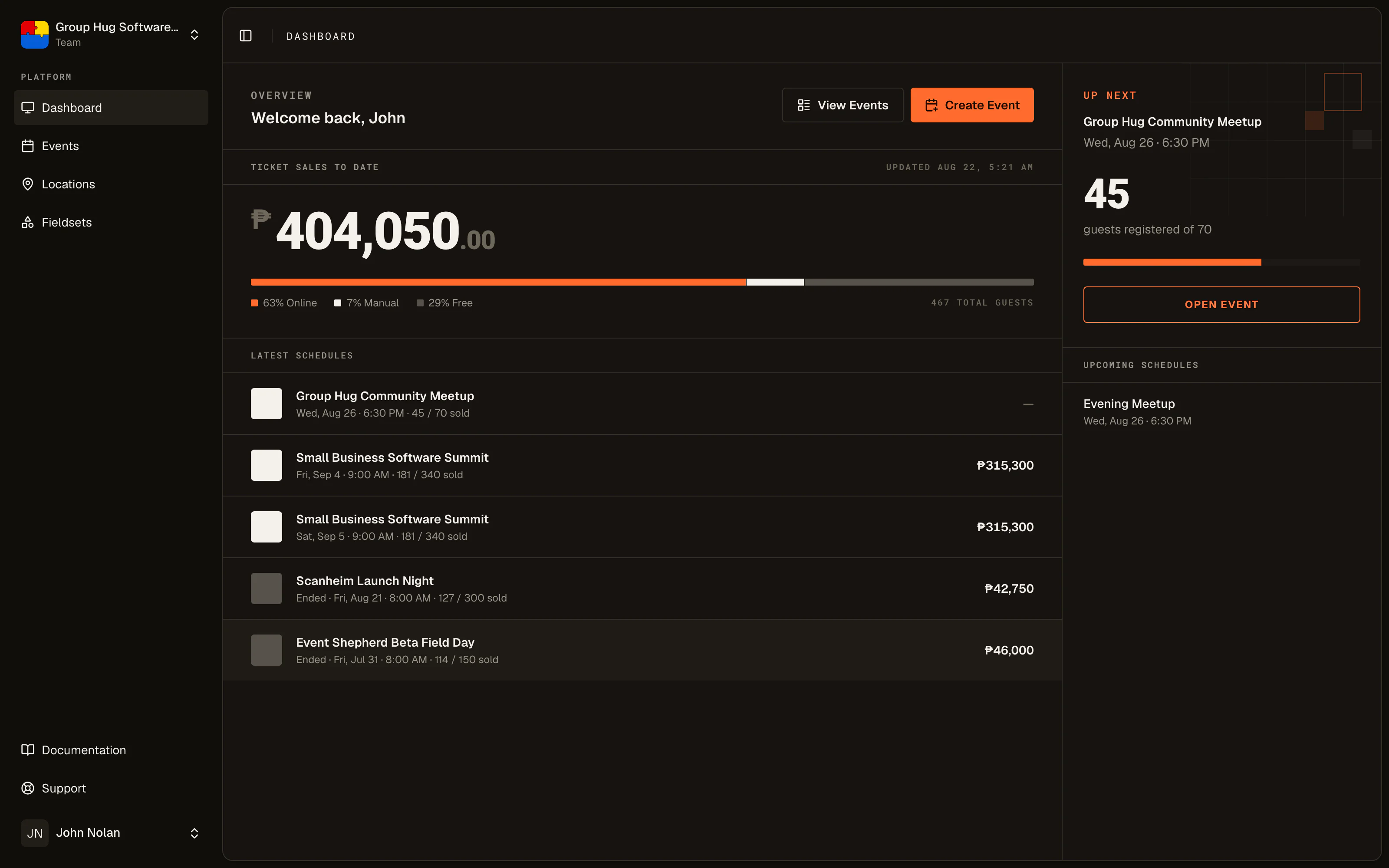 The Event Shepherd dashboard with live ticket sales, upcoming schedules, and door activity