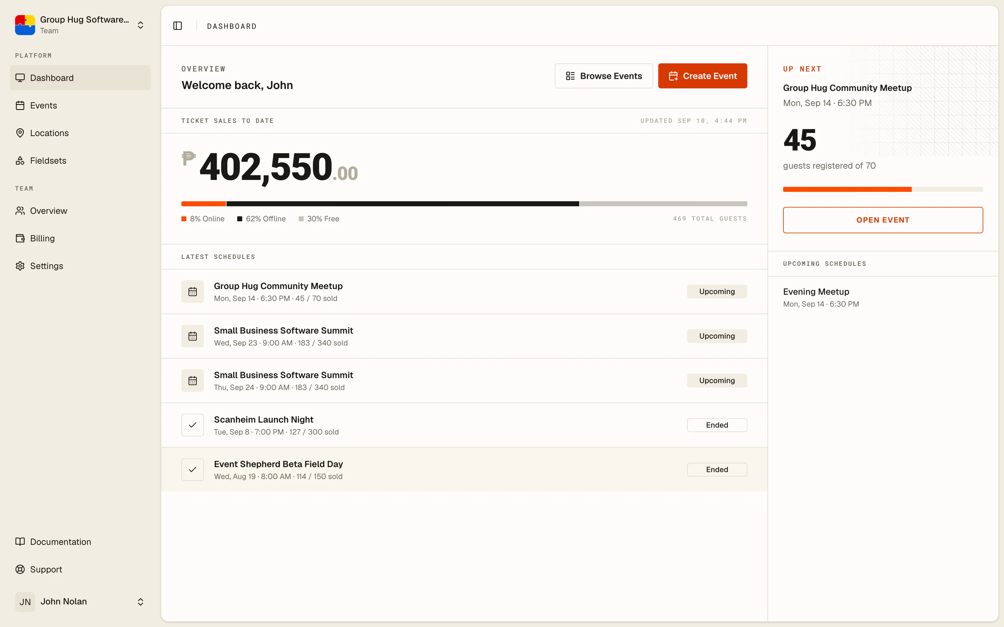 The Event Shepherd dashboard with live ticket sales, upcoming schedules, and door activity