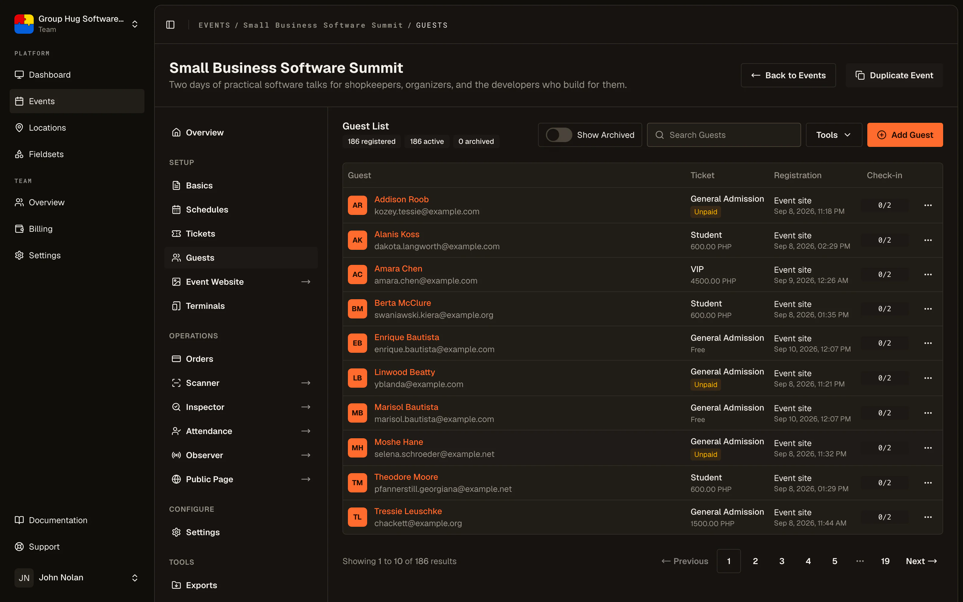 A guest list showing each ticket sale, payment status, and check-in state