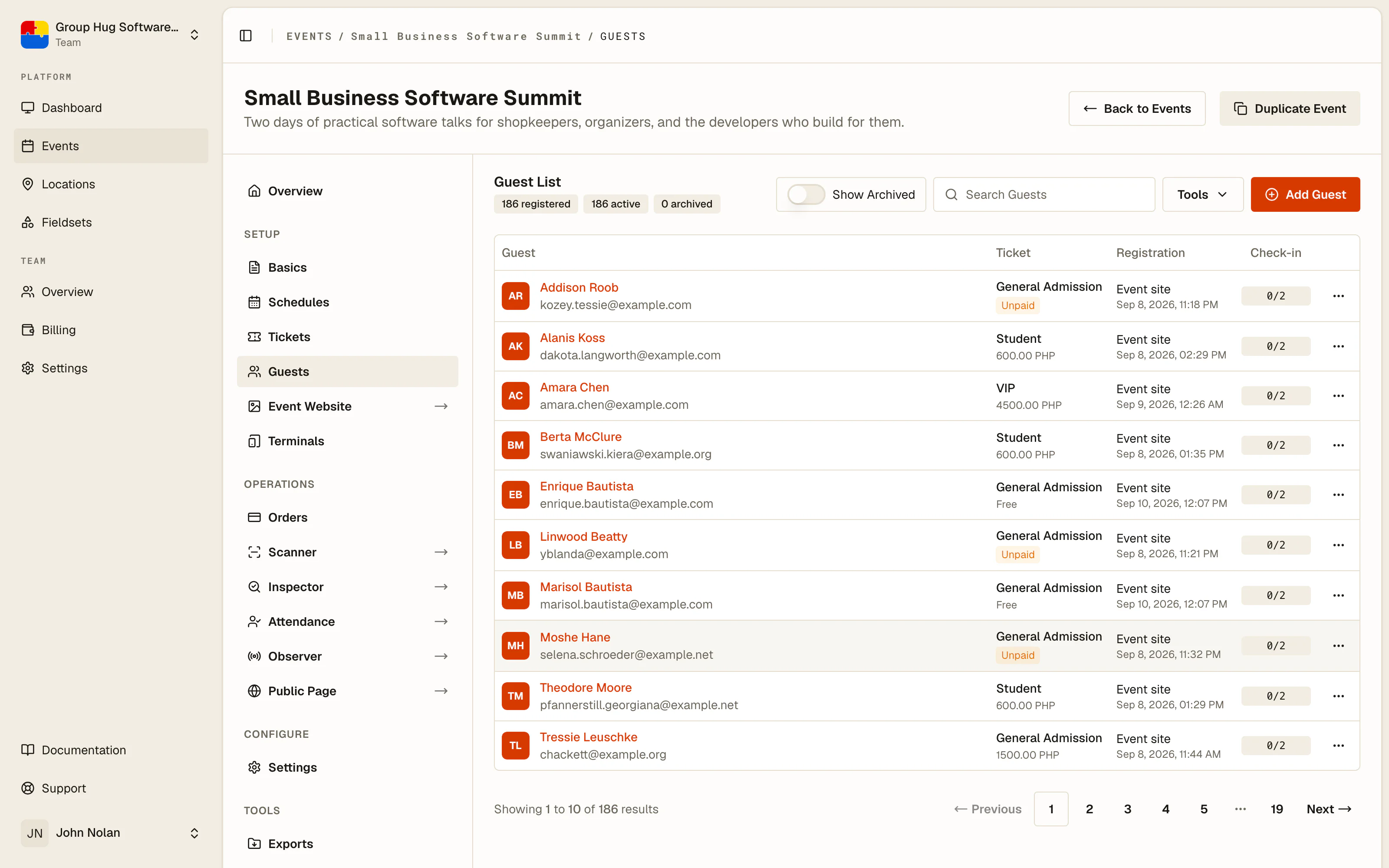 A guest list showing each ticket sale, payment status, and check-in state