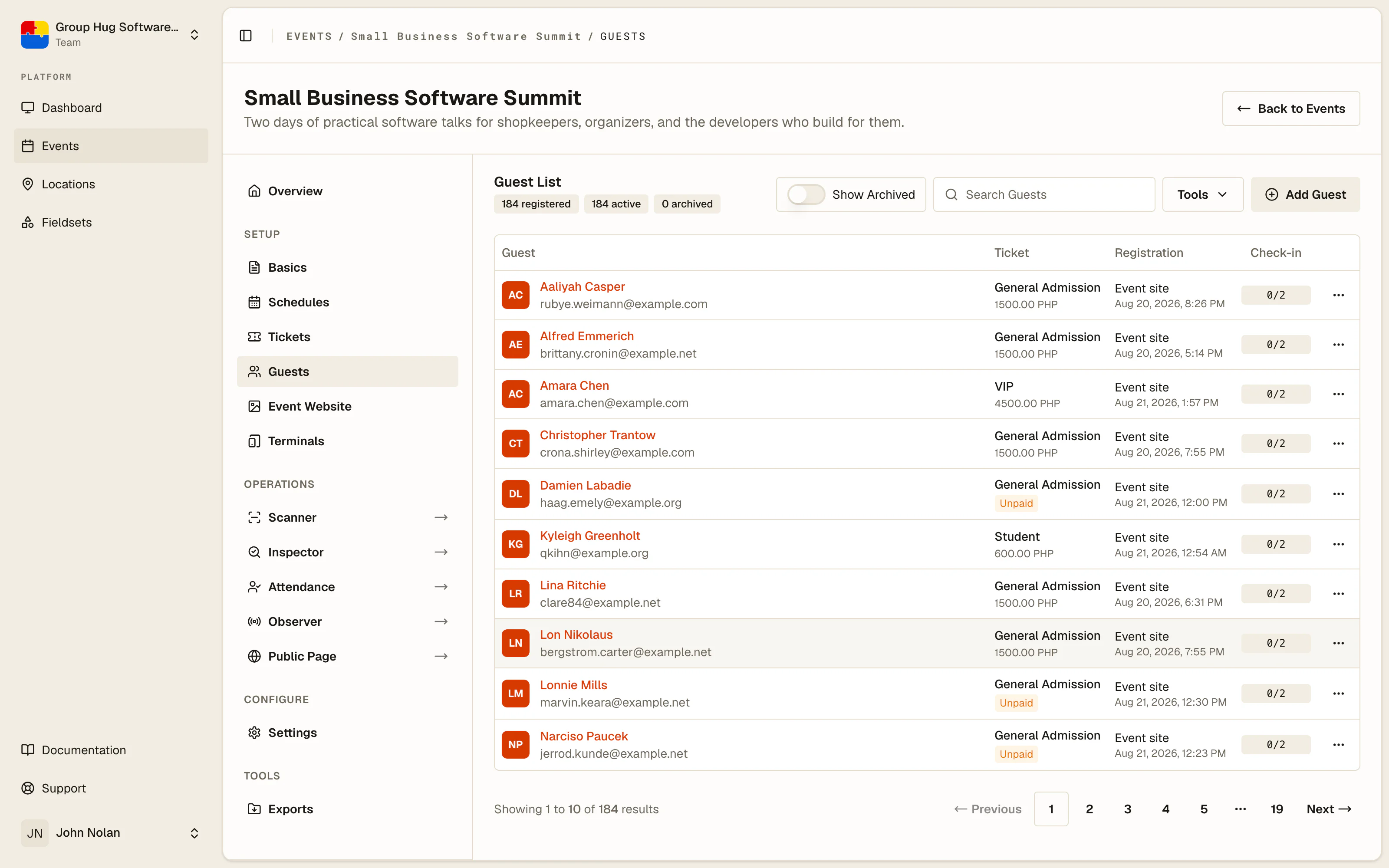 A guest list showing each ticket sale, payment status, and check-in state