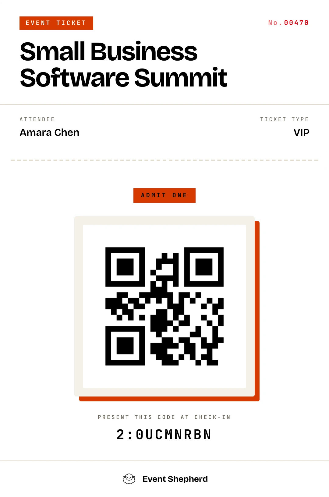 QR ticket badge emailed to a guest of the Small Business Software Summit