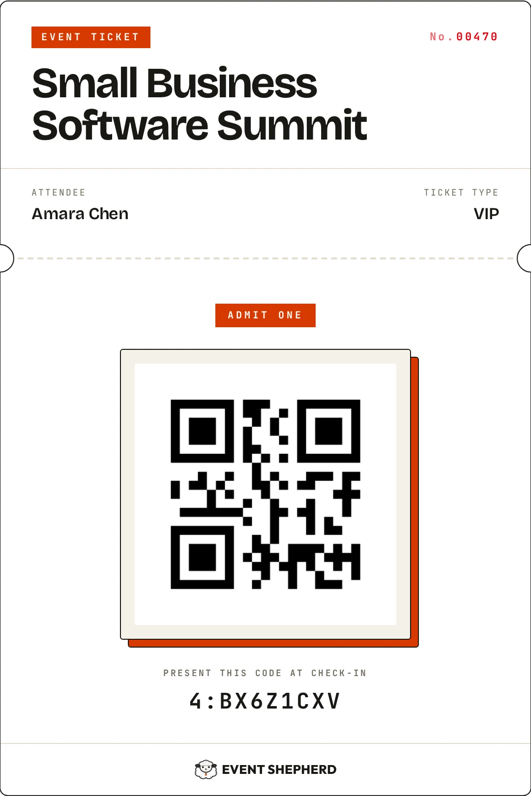 QR ticket badge emailed to a guest of the Small Business Software Summit